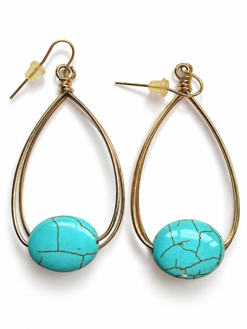 Gold-Tone Teardrop Hoop Dangly Earrings with Turquoise Beads